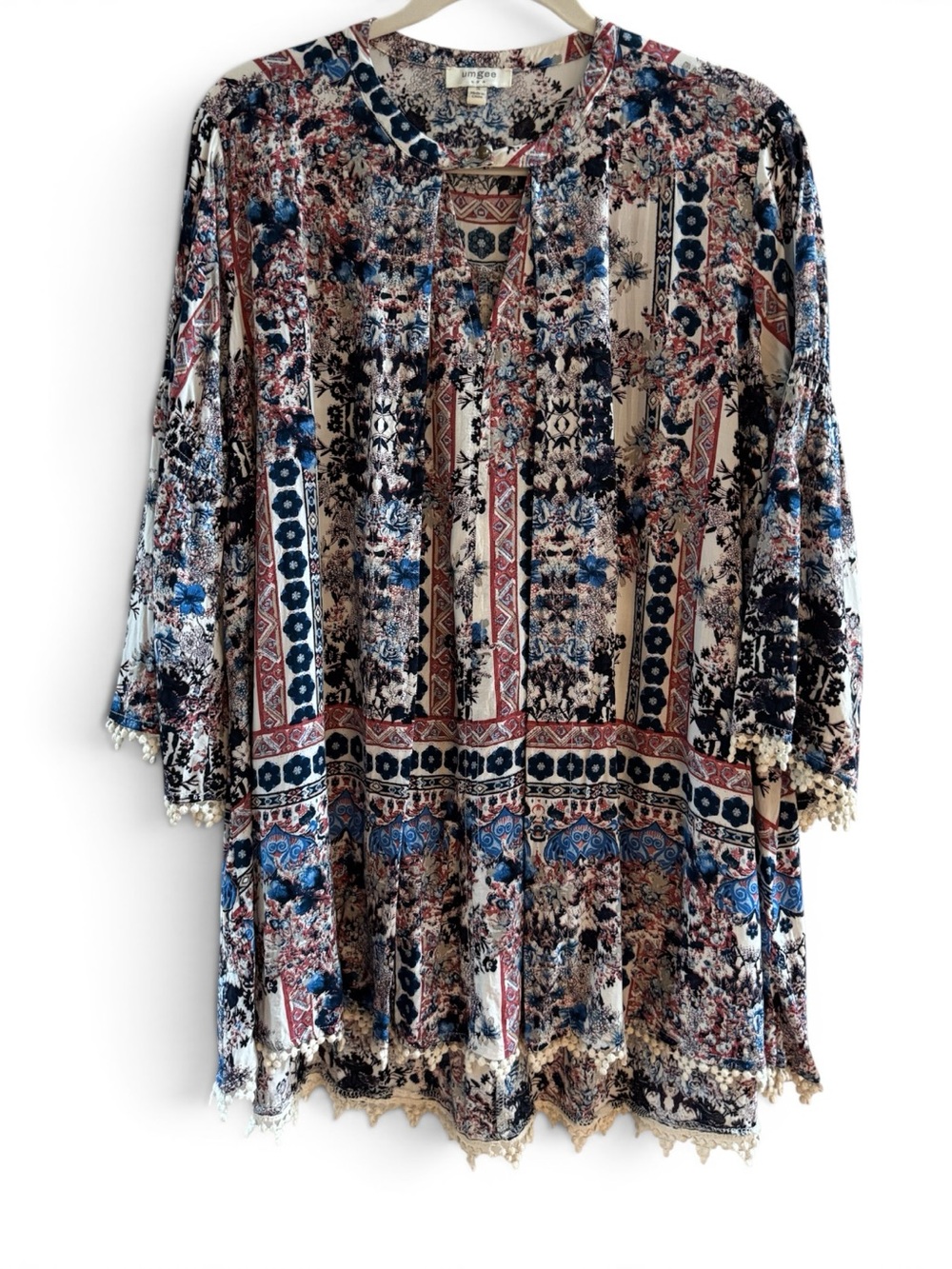 Umgee Boho Floral Patchwork Tunic Top - Blue Multi - Size S